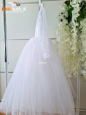 Biała, długa sukienka do Komunii z koronką w gałązki, tiulem i perełkami