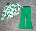 Elegancki zestaw FLOWERS: bluzka z baskinką i dzwony z rozcięciem - zielony