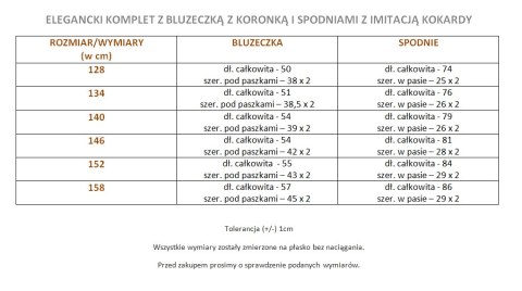 Elegancki komplet: bluzka z koronką oraz spodnie z kokardą i perełkami Elegancki komplet: bluzka z koronką oraz spodnie z kokardą i perełkami