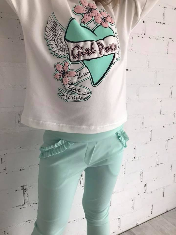 Komplet GIRL POWER - bluzka z aplikacją i legginsy z falbankami