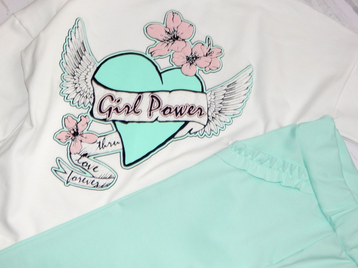 Komplet GIRL POWER - bluzka z aplikacją i legginsy z falbankami Komplet GIRL POWER - bluzka z aplikacją i legginsy z falbankami
