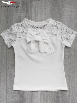 Elegancka bluzka z koronką i z kokardką - biała