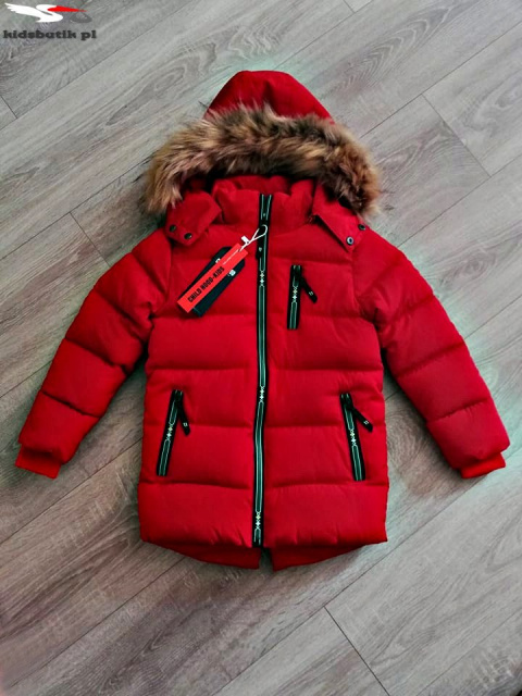 Winter quilted red jacket with fur trim and decorative ziplocks Winter quilted red jacket with fur trim and decorative ziplocks