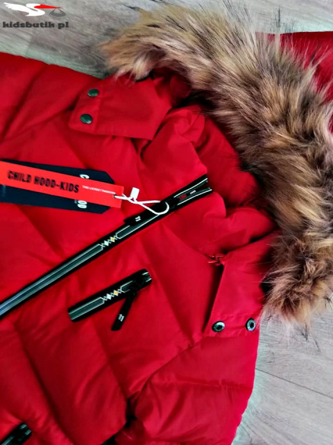 Winter quilted red jacket with fur trim and decorative ziplocks Winter quilted red jacket with fur trim and decorative ziplocks
