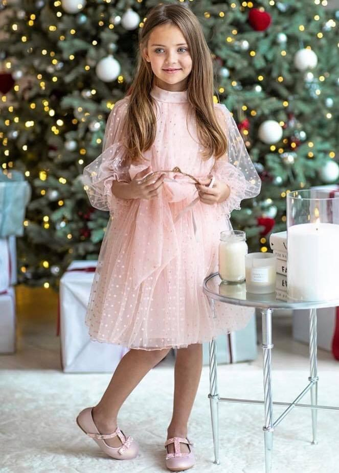 Victoria's occasional dress with tulle in peas - powder edible pink Victoria's occasional dress with tulle in peas - powder edible pink