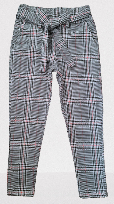 Elegantly sports a shepherd's Plaid pants with decorative bow Elegantly sports a shepherd's Plaid pants with decorative bow