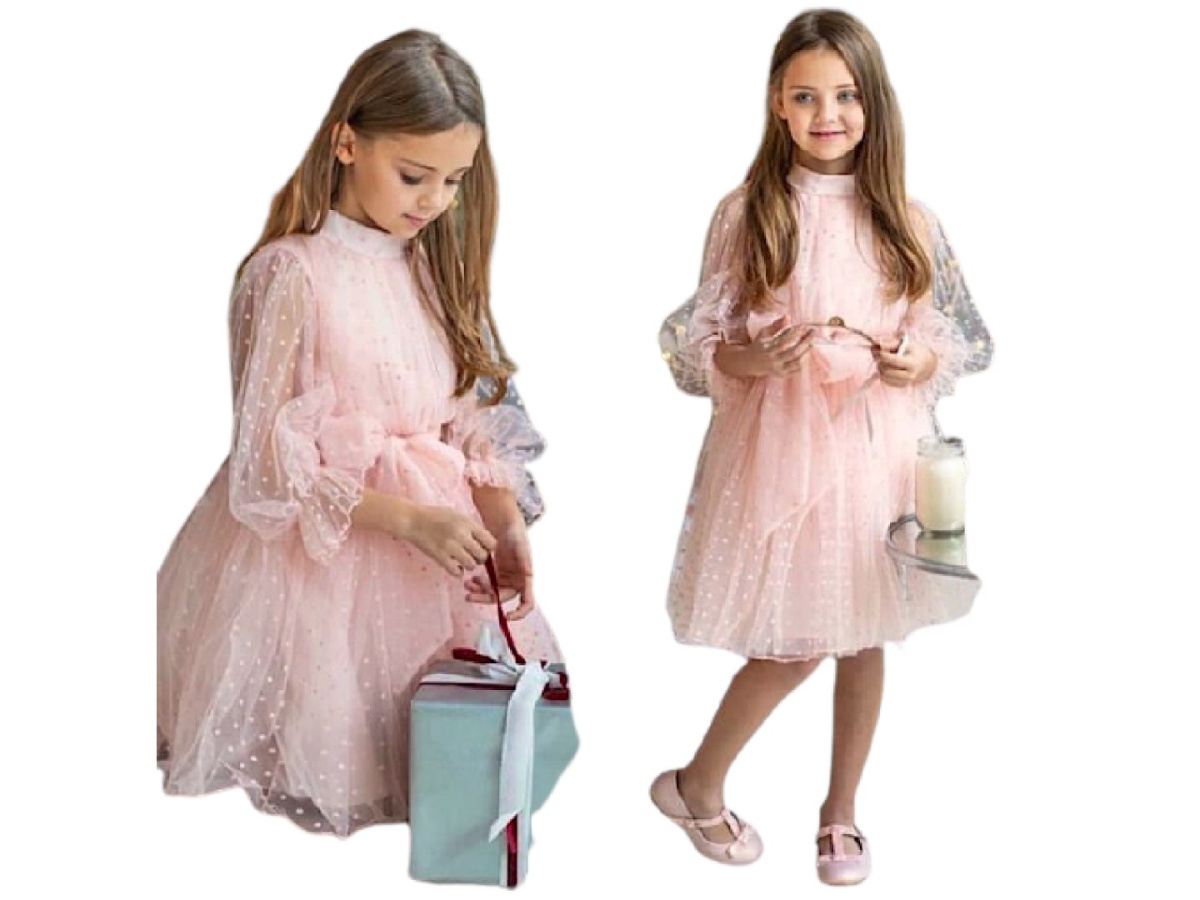 Victoria's occasional dress with tulle in peas - powder edible pink Victoria's occasional dress with tulle in peas - powder edible pink