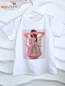 T-shirt/koszulka GIRL cekiny holo tęcza - biały