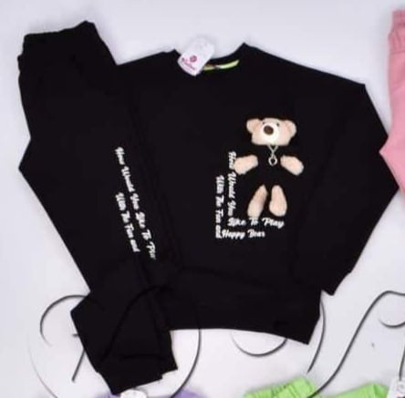 Tracksuit with teddy bear in pocket and inscriptions - black Tracksuit with teddy bear in pocket and inscriptions - black