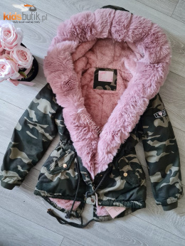 Winter CAMO PARKA JACKET with fur, sheepskin coat and a patch