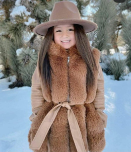 Winter sheepskin coat with fur and belt - carmel