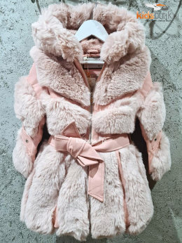 Winter sheepskin coat with fur, wheels and belt - rose powder