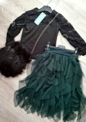 Asymetryczna, kaskadowa spódnica z tiulu - butelkowa zieleń