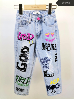 Jeans pants with abrasions and inscriptions