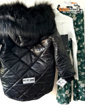 Zimowa, pikowana kurtka z obszernym futrem i szelkami - czarna