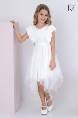Asymetryczna, elegancka sukienka z naszyjnikiem z perełek, falbankami i tiulowym paskiem - ecru