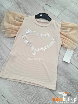 Blouse stripe Heart with tulle sleeves - beige