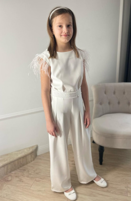 Elegant jumpsuit with feathers and lace belt - ecru