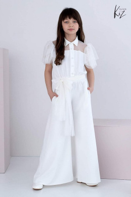 Elegant jumpsuit with tulle sleeves and belt included - ecru