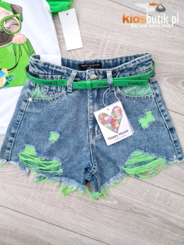 Denim shorts with lime green tears and belt included
