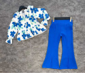 Elegancki zestaw FLOWERS: bluzka z baskinką i dzwony z rozcięciem - szafir