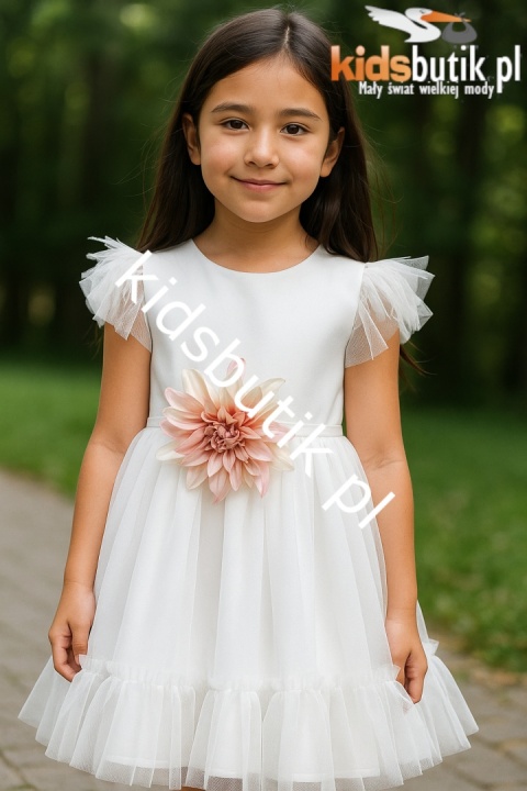Elegancka sukienka z piórkami i zdejmowanym kwiatem - ecru Elegancka sukienka z piórkami i zdejmowanym kwiatem - ecru