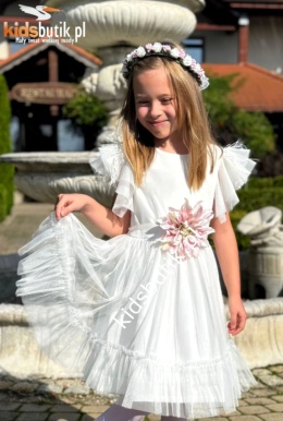 Elegancka sukienka z piórkami i zdejmowanym kwiatem - ecru