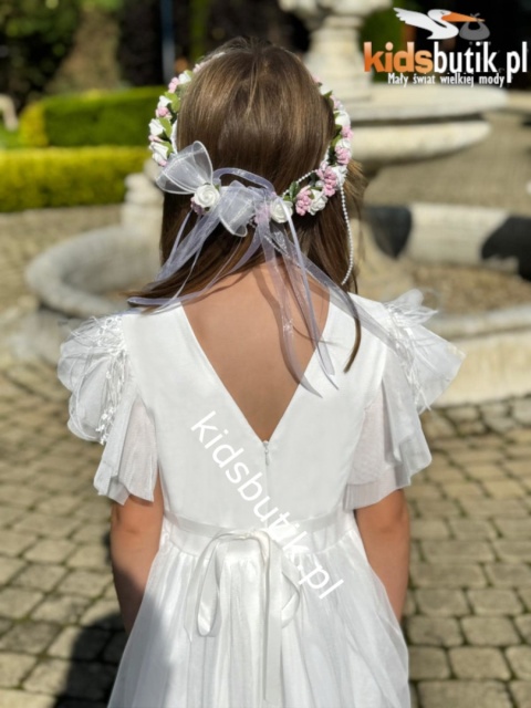 Elegancka sukienka z piórkami i zdejmowanym kwiatem - ecru Elegancka sukienka z piórkami i zdejmowanym kwiatem - ecru