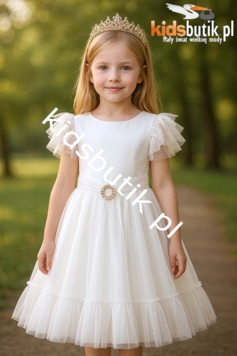Elegancka sukienka z piórkami i złotą klamrą z cyrkoniami - ecru Elegancka sukienka z piórkami i złotą klamrą z cyrkoniami - ecru