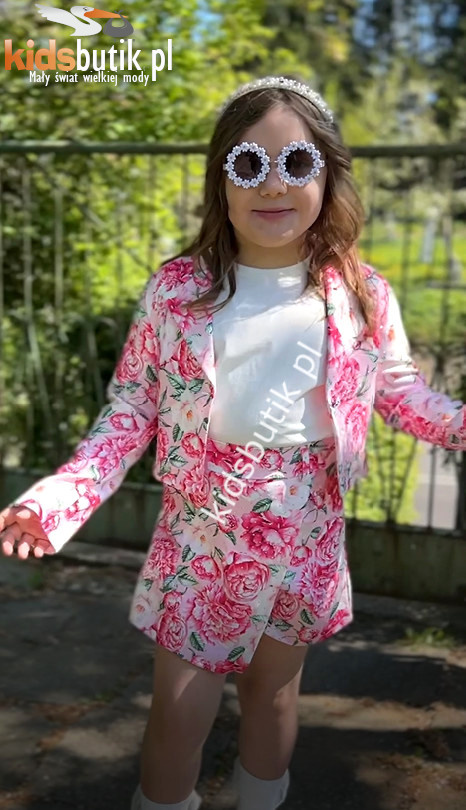 Elegancki garnitur Kwiaty Blink marynarka i spódnico spodenki- róż Elegancki garnitur Kwiaty Blink marynarka i spódnico spodenki- róż