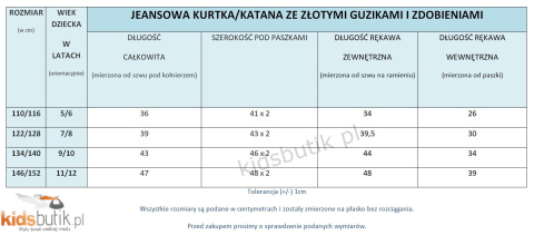 Kurtka jeansowa ze złotymi guzikami, odpinaną broszką i cyrkoniowym napisem z tyłu Kurtka jeansowa ze złotymi guzikami, odpinaną broszką i cyrkoniowym napisem z tyłu