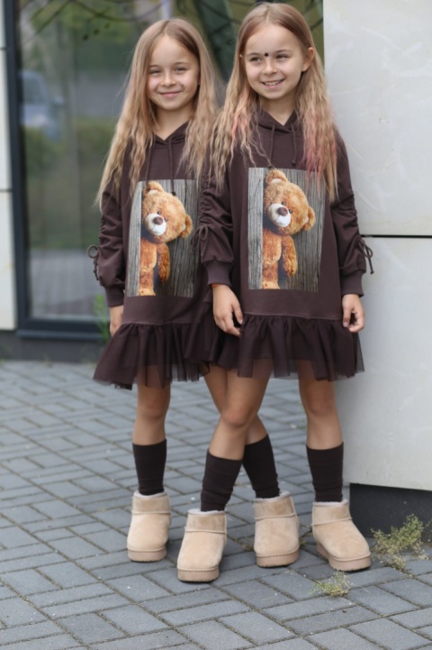 TEDDY BEAR dress with tulle and cuffed sleeves - chocolate TEDDY BEAR dress with tulle and cuffed sleeves - chocolate