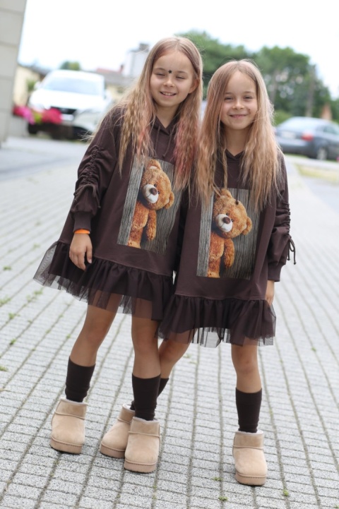 TEDDY BEAR dress with tulle and cuffed sleeves - chocolate TEDDY BEAR dress with tulle and cuffed sleeves - chocolate