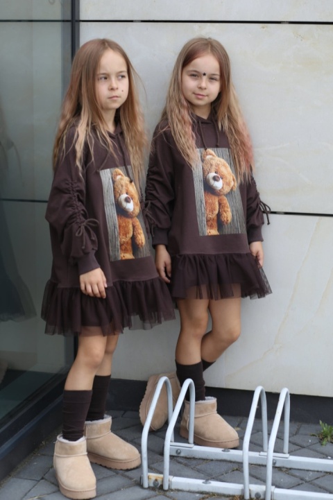 TEDDY BEAR dress with tulle and cuffed sleeves - chocolate TEDDY BEAR dress with tulle and cuffed sleeves - chocolate