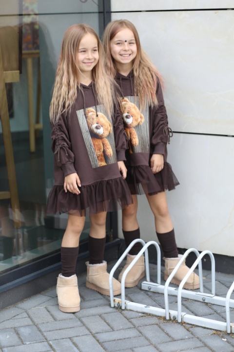 TEDDY BEAR dress with tulle and cuffed sleeves - chocolate TEDDY BEAR dress with tulle and cuffed sleeves - chocolate