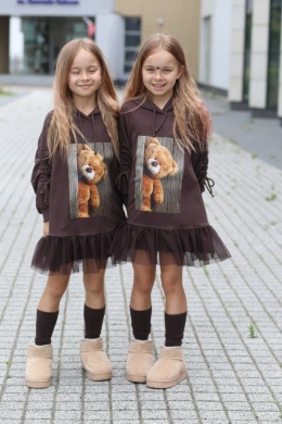 TEDDY BEAR dress with tulle and cuffed sleeves - chocolate
