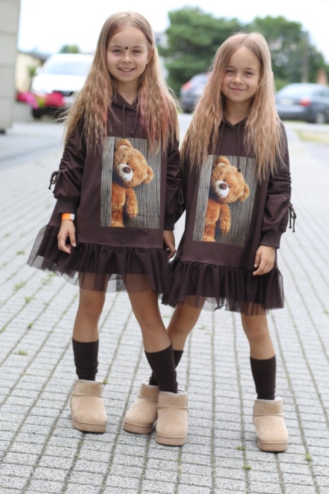 TEDDY BEAR dress with tulle and cuffed sleeves - chocolate TEDDY BEAR dress with tulle and cuffed sleeves - chocolate