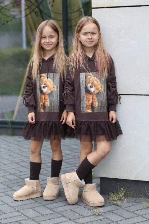 TEDDY BEAR dress with tulle and cuffed sleeves - chocolate TEDDY BEAR dress with tulle and cuffed sleeves - chocolate