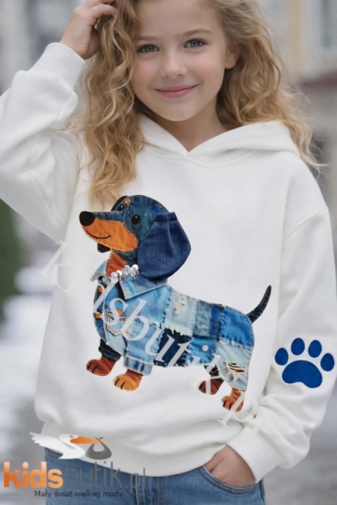 Bluza z kapturem Jamnik jeans patchwork, cekinowa obroża TU CÓRKA - biała