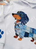 Bluza z kapturem Jamnik jeans patchwork, cekinowa obroża TU CÓRKA - biała