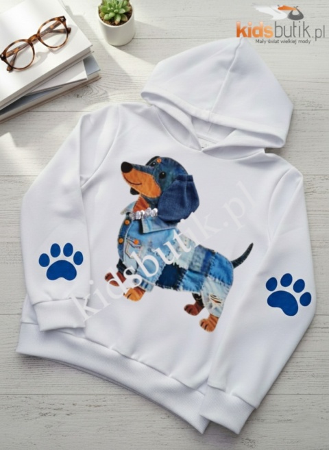 Bluza z kapturem Jamnik jeans patchwork, cekinowa obroża TU CÓRKA - biała