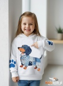 Bluza z kapturem Jamnik jeans patchwork, cekinowa obroża TU MAMA - biała