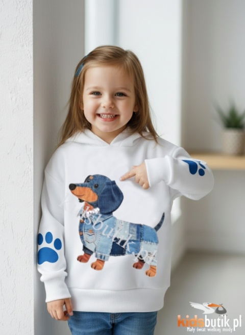 Bluza z kapturem Jamnik jeans patchwork, cekinowa obroża TU MAMA - biała