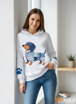 Bluza z kapturem Jamnik jeans patchwork, cekinowa obroża TU MAMA - biała