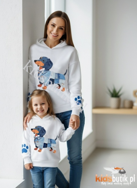 Bluza z kapturem Jamnik jeans patchwork, cekinowa obroża TU MAMA - biała