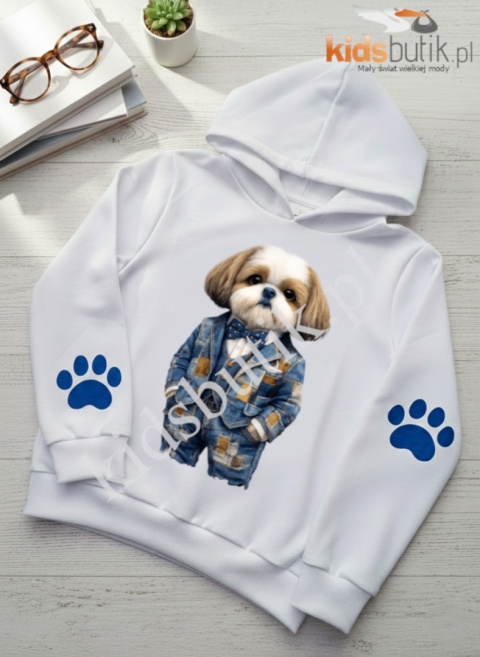Bluza z kapturem Shih Tzu jeans patchwork - biała