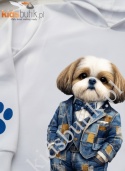 Bluza z kapturem Shih Tzu jeans patchwork - biała