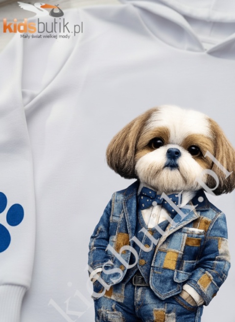 Bluza z kapturem Shih Tzu jeans patchwork - biała