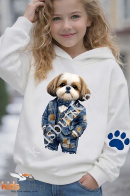 Bluza z kapturem Shih Tzu jeans patchwork - biała