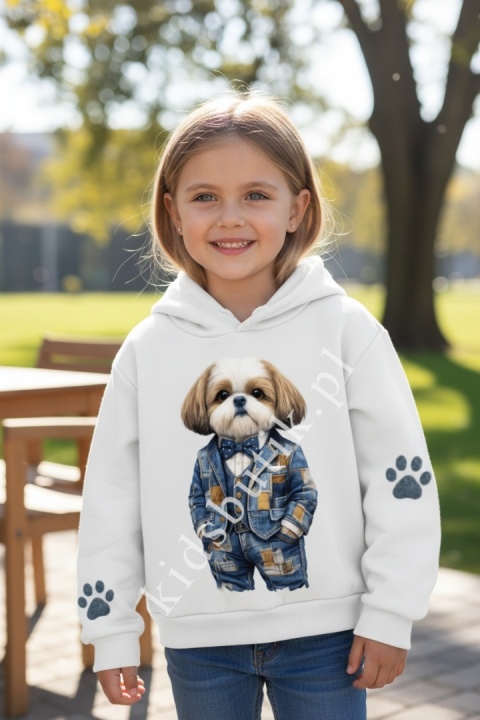 Bluza z kapturem Shih Tzu jeans patchwork - biała